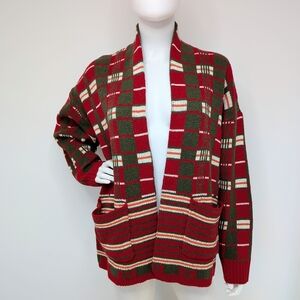 Men's Retro Red, Green, & Orange Plaid Open Style Shawl Collar Cardigan Sweater